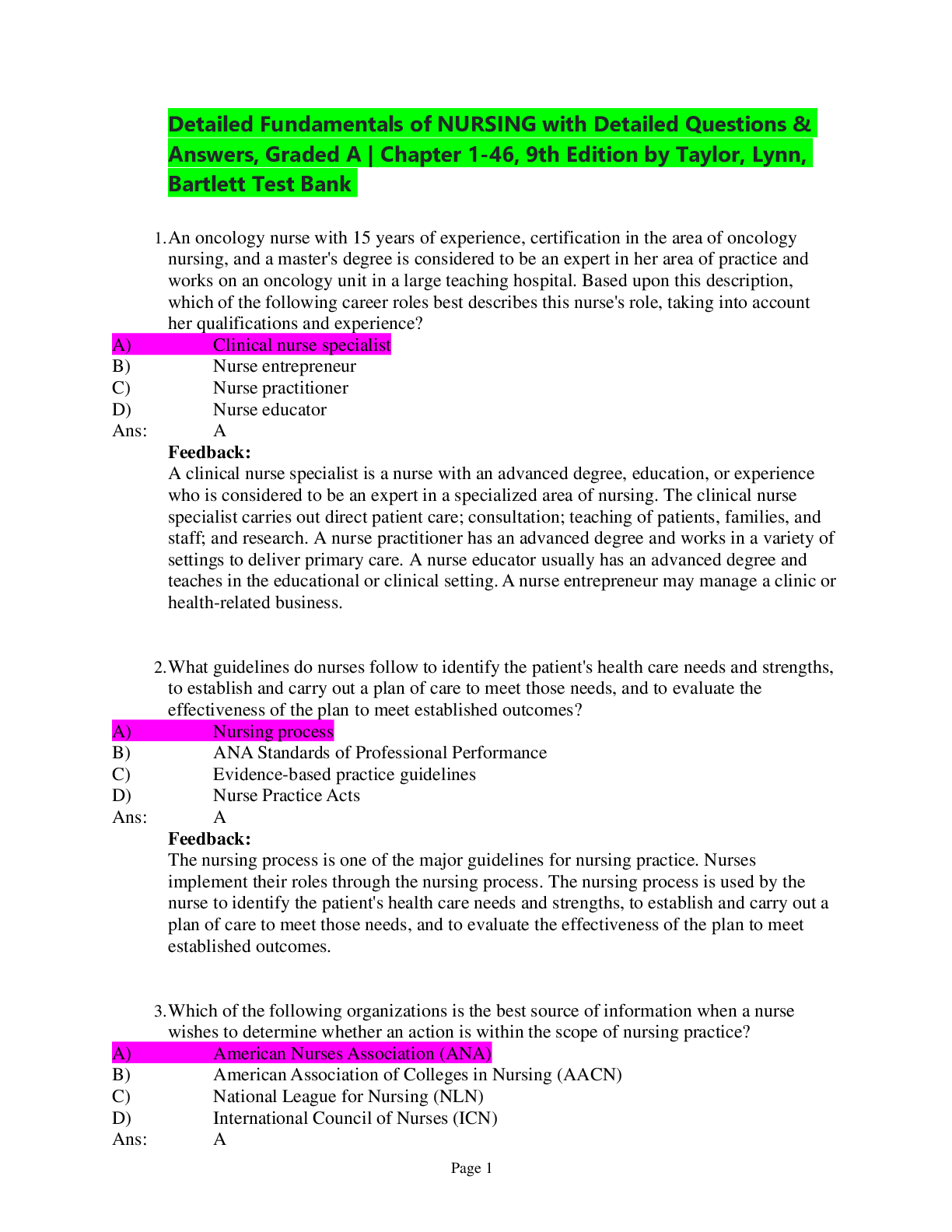 Preview image for Detailed Fundamentals of NURSING with Detailed Questions & Answers, Graded A | Chapter 1-46, 9th Edition by Taylor, Lynn, Bartlett Test Bank